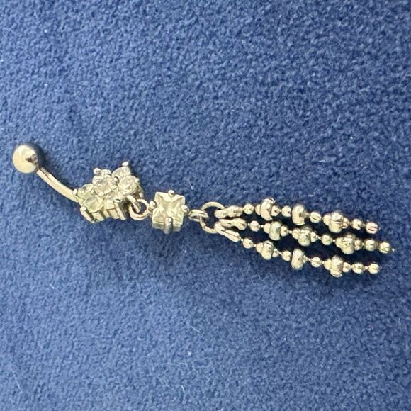 Stainless Steel Silver CZ Cubic Zirconia Dangle Bead Vintage Belly Ring Piercing - Picture 3 of 6